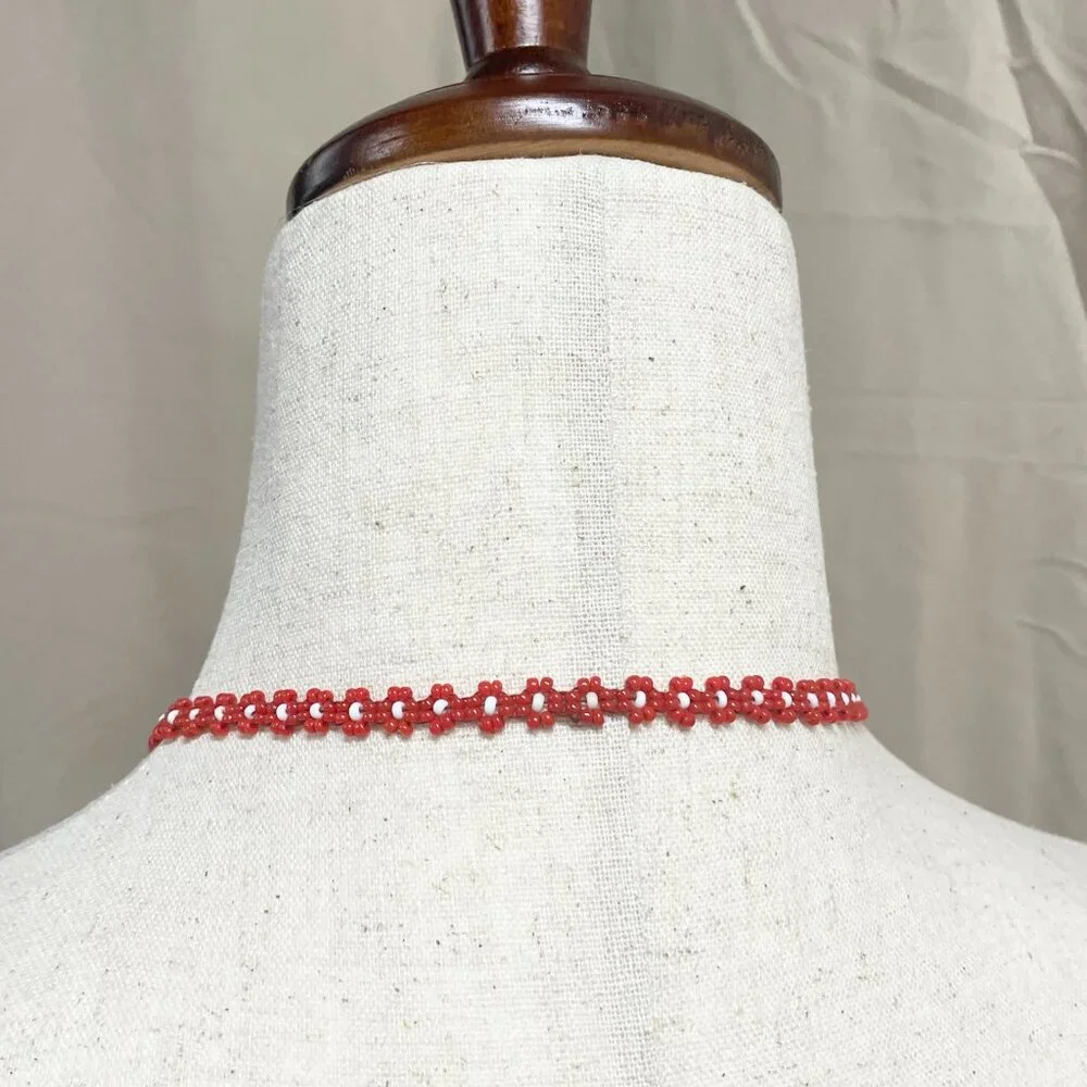 Handmade‎ Beaded Folk Art Necklace | Colorful Boho Woman Pendant | Red Seed Bead